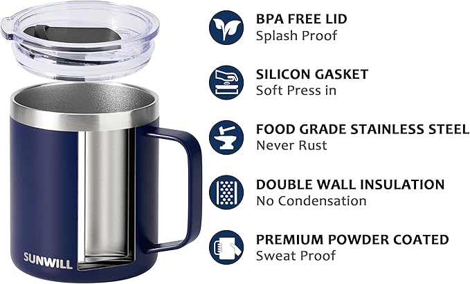 SUNWILL Travel Coffee Mug Set of 2, Insulated Tumbler with Lid, 14 oz Stainless Steel Cup with Handle for Camping, Office, Home, Powder Coated Navy Blue & Wine Red