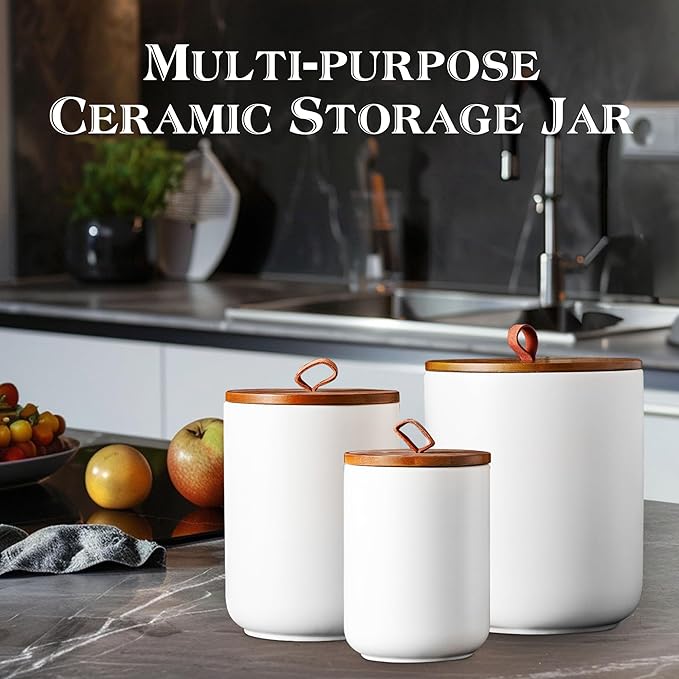 JOJUNO White Ceramic Food Storage Canister Set (30 oz, 48 oz, 82 oz) with Bamboo Lids, 3-Piece Airtight Jars for Flour, Sugar, Coffee, Tea, Oats, Spice – Kitchen Storage Containers with Lids