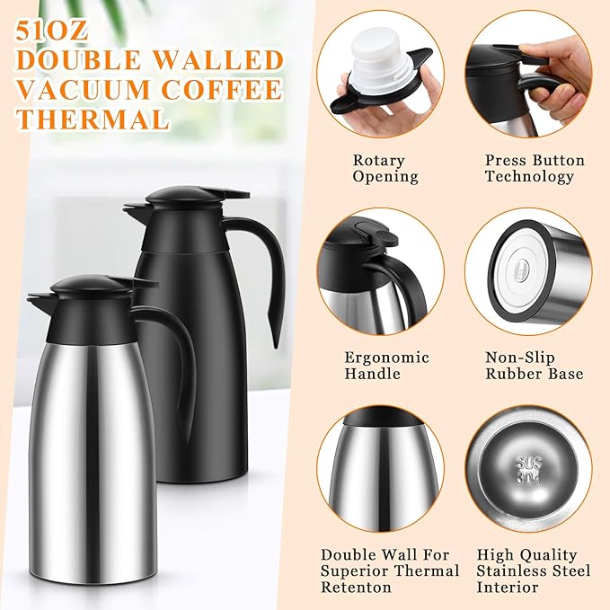 Norme 2 Pcs Thermal Coffee Carafe Insulated Stainless Steel Coffee Carafe for Hot Liquid Vacuum Thermal Pot Creamer Pitcher Dispenser with Brushes Keeping Hot Water Milk(Black, Silver,68 oz)