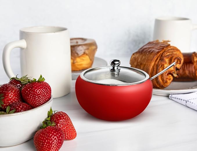 KooK Stainless Steel Sugar Bowl with Lid and Spoon, Serving Dish, Clear Glass Lid, Storage for Salt, Candy, Coffee, Holds 2 Cups, Dishwasher Safe, 16 oz Matte Rose
