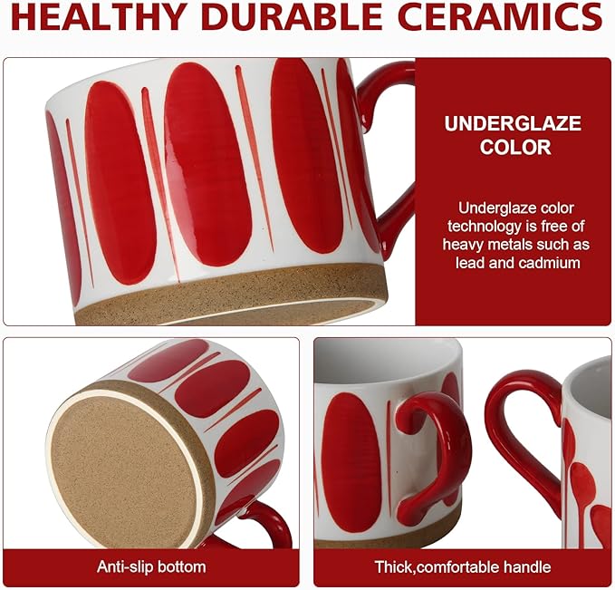 Koja Hand Painted 15 oz. Porcelain Ceramic Mugs Set. Service for 4. (Hand Painted - Red)