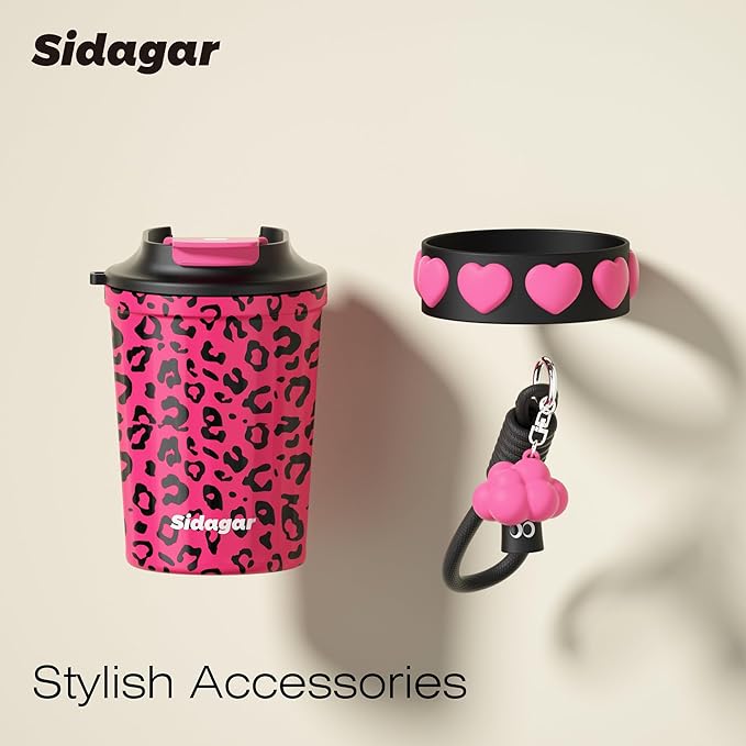 12 oz Travel Coffee Mug Spill Proof Leak Proof, Stainless Steel Thermal Coffee Cup with Lid, Resuable Cup for Hot and Cold, Portable Tumbler for Women, Pink Leopard