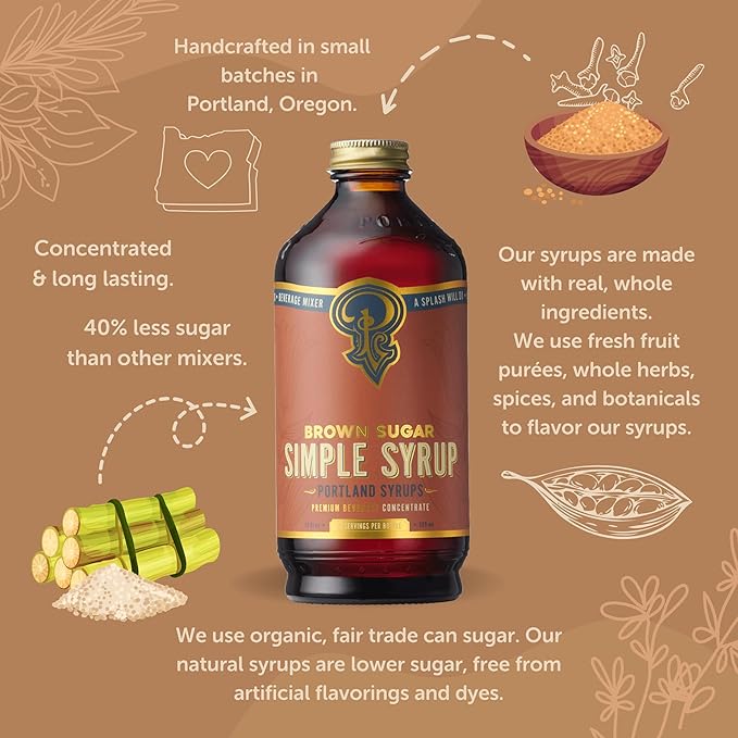 Portland Syrups Brown Sugar Simple Syrup - Drink Mix for Crafting Cocktails, Sugar Syrup for Drinks, Simple Syrup for Coffee, Mocktails, Baking, 12 oz, Pack of 2