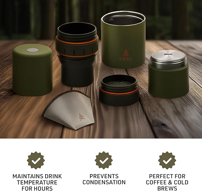 VSSL - Nest Pour Over Coffee Kit | Coffee Maker for Camping | All-In-One Travel Pour Over | Transportable Dripper, Two 10oz Stainless Steel Travel Mugs | Compact Storage & Adventure Ready | Deep Moss