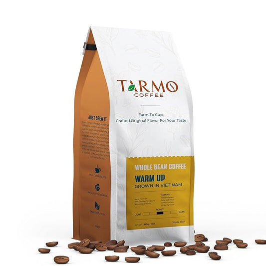 TARMO - WARM UP | Low Acid 100% ROBUSTA Whole Bean Coffee | Specialty Vietnamese Coffee | Single Origin Medium Roast Coffee Beans | 12 Oz Bag
