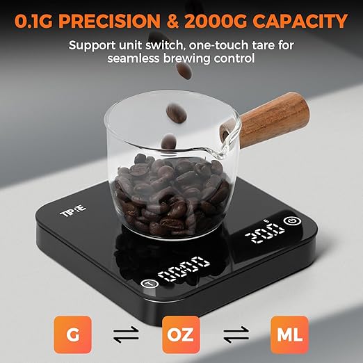 Mini Coffee Scale with Timer, 2kg/0.1g Precision Portable Espresso Scale, Rechargeable Pour Over Scale with Type-C,Flow Rate Mode, g/oz/ml, LED Display, Tare Function, Silent Mode
