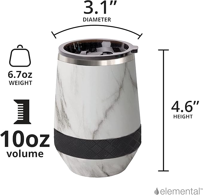 Elemental Recess Wine Tumbler - Triple Wall Insulated Stainless Steel Coffee Mug for Hot & Cold Drinks - Portable Cup with Shatterproof Sip Lid for Camping, Outdoor & Travel - 10oz - White Marble