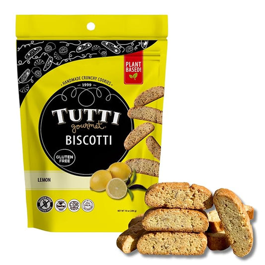 Tutti Gourmet Gluten Free Lemon Biscotti, 9.9 oz (283g) Resealable Cookie Bag - Vegan and Halal Snacks