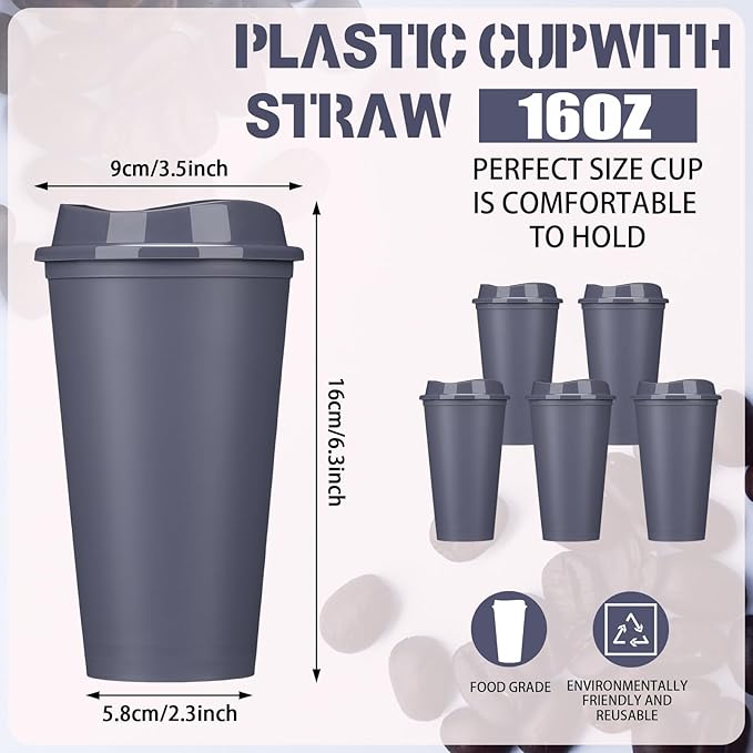 Domensi 15 Pack Reusable Coffee Cups with Lids 16 oz Disposable Travel Cups Bulk Plastic to Go Coffee Tumblers for DIY Hot Cold Drink Party Favors Coworker, Microwaveable (Gray)