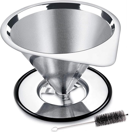 LHS Pour Over Coffee Dripper Stainless Steel Coffee Filter Metal Cone Filter Paperless Reusable Coffee Filter Single Cup Coffee Maker 1-2 Cup With Non-slip Cup Stand and Cleaning Brush