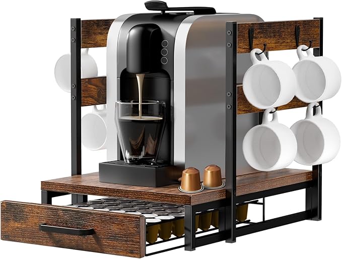 Evermagin Coffee Pod Drawer Compatible with Nespresso Original Line, 63 Pods Coffee Organizer with Cup Holder, Durable Coffee Maker Stand with Storage Drawer, Rustic Brown