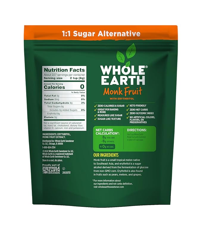 WHOLE EARTH Monk Fruit Sweetener with Erythritol, Plant-Based Sugar Alternative, 4LBS