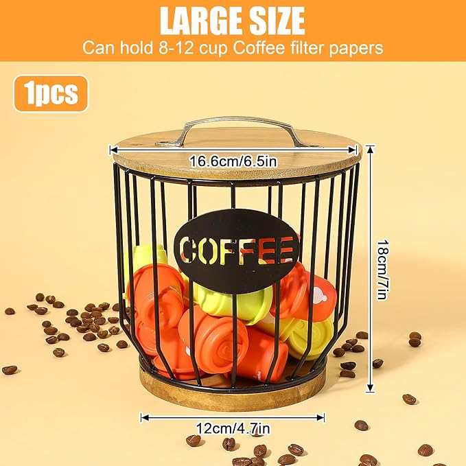 Coffee Filter Holder with Lid, Vintage Metal Coffee Bar Accessories, Coffees Filter Holders for Counter Storage Basket (Black)