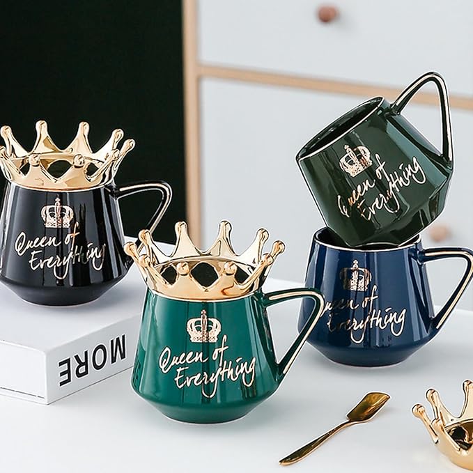 Queen of Everything Mug with Lid Sweet Black Mug with Crown Coffee 12 oz Mug Gift with Spoon & Coaster Ceramic Tea Mug Birthday Gift for Women Girls Mom Girlfriend