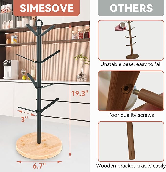 simesove Coffee Mug Holder, Non-Slip Cup Tree with 8 Hooks, Wood Stand Organizer for Counter, Bar and Kitchen Home Decor (Natural)
