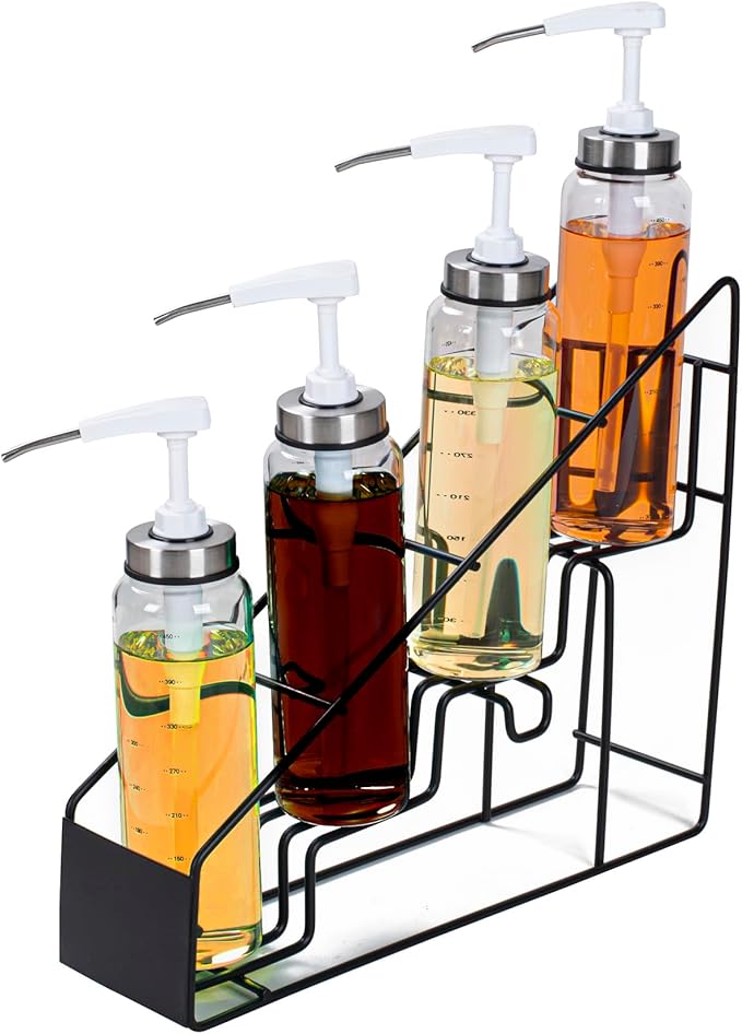 Restaurantware Restpresso 14 x 4 x 12 Inch Coffee Syrup Rack 1 4-Tier Syrup Holder - Wire Design Compact Black Iron Syrup Stand For Retail Displays Coffee Or Liquors