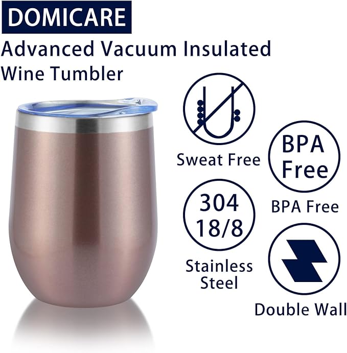 DOMICARE Stainless Steel Wine Tumbler Bulk with Lid, Personalized Rose Gold Insulated Tumblers Set, 12oz Travel Coffee Cups Pack of 16