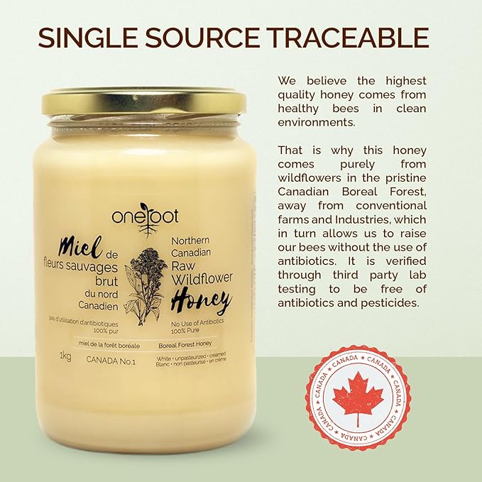 Oneroot 100% Canadian Wildflower Honey - 1kg / 2.2lbs, Unheated & Creamed - Nutrient-Rich, Natural Sweetener with Enzymes - Thick & Pure Raw Unfiltered Honey