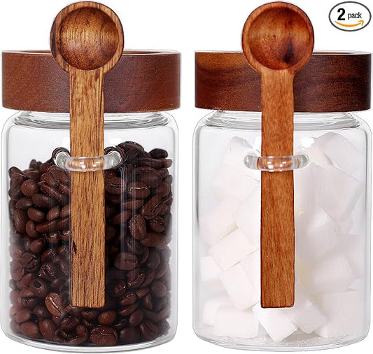 SAIOOL Sugar Jar with Lid and Spoon Set of 2, 16 OZ Tea Canisters for Loose Tea Jars with Screw Mouth, Coffee Container for Ground, Retro Style Truly Airtight