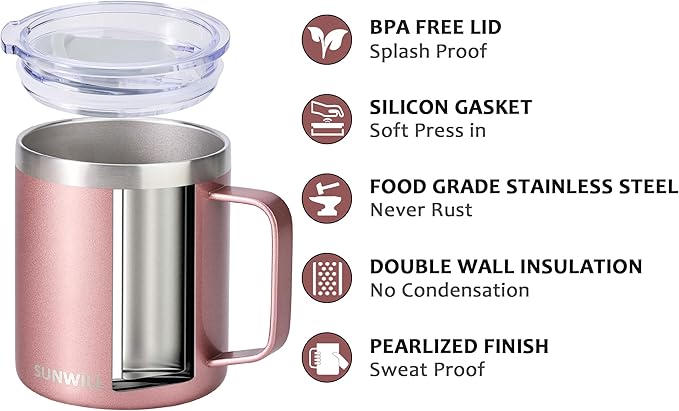 SUNWILL Travel Coffee Mug with Lid, Insulated Tumbler with Handle, 14 oz Stainless Steel Cup for Ice, Water, Tea, Rose Gold