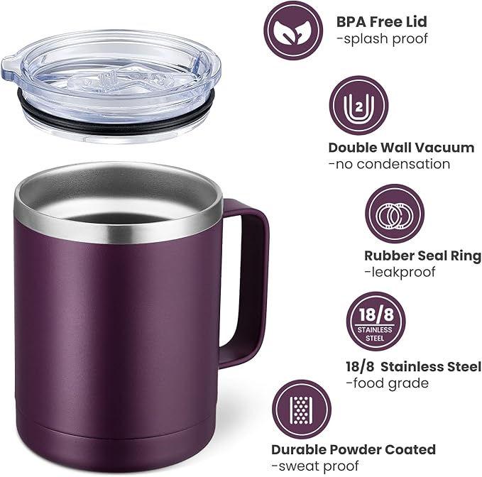 MEWAY 12oz Coffee Mug With Handle 2 Pack Bulk,Stainless Steel Insulated Travel Tumblers With Sliding Lid,Double Wall Vacuum Camping Cup for Hot & Cold Drinks Tea (Forest Green&Plum,Set of 2)