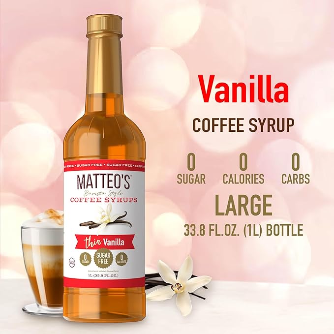 Matteo's Vanilla Syrup for Coffee, Lattes, Cappuccinos & Desserts – Sugar-Free Sweetener for Beverages, Keto Friendly, Zero Calories, Indulgent Flavor, Non-Alcoholic, Ideal for Hot Drinks 33.8oz (1pk)