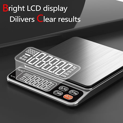 Food Scale,5kg/11lb Digital Kitchen Baking Scale Grams and Ounces for Cooking Coffee Meal prep Packages Weight Loss,0.1g high Precision,7Units with Timer, Easy Clean Stainless Steel