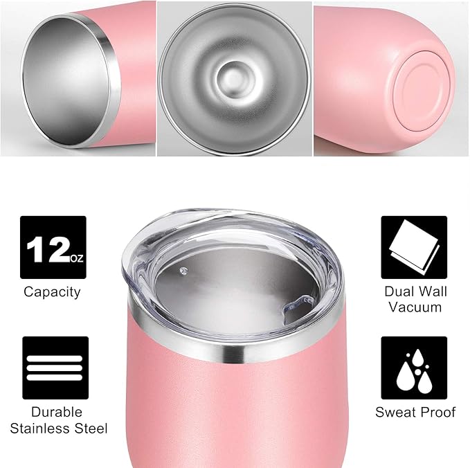 VEGOND 12oz Stainless Steel Wine Tumbler with Lid and Straw, Double Wall Vacuum Insulated Stemless Wine Glass Tumbler Cup, Coffee Mug for Cold Hot Drinks