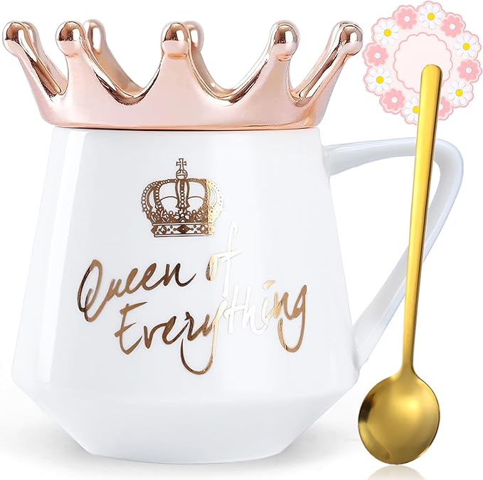 Queen of Everything Mug with Lid Sweet White Mug with Crown Coffee Mugs Gift with Spoon & Coaster 12 oz Ceramic Cup Birthday Gift for Women Girls Mom Girlfriend Mothers Day Gifts for Women