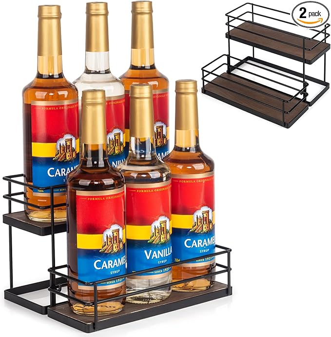 6 Bottle Capacity Coffee Syrup Organizer 2 Tier Coffee Syrup Stand Shelf for Coffee Bar Kitchen Small Wine Rack for Bar Family Storage for Syrup Wine Dressing