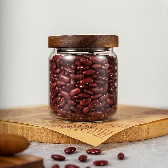 2PCS Small Glass Storage Jars with Airtight Lids, 17 fl oz (500ml) coffee container with Wooden Lid, Glass Pantry Canister for Beans, Rice, Sugar and etc