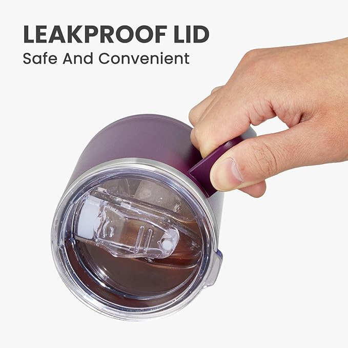 MEWAY 12oz Coffee Mug With Handle and Sliding Lid,Stainless Steel Travel Tumbler Cup with Handle,Double Wall Vacuum Insulated Camping Cup for Hot & Cold Drinks Tea (Plum,Set of 1)