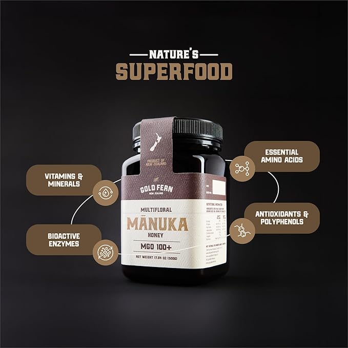 Gold Fern Honey - Raw New Zealand Manuka Honey | 1.1lb MGO 100+ | Pure, Natural, Unpasteurized, and Unfiltered Superfood Honey, Traceable from Hive to Hand.