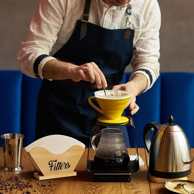 Juexica Farmhouse Cone Coffee Filter Holder Storage number 4 Rustic Wood Holder Organizer Counter Mount for Square Cone Shaped Flat Bottomed Paper(Bamboo Color)