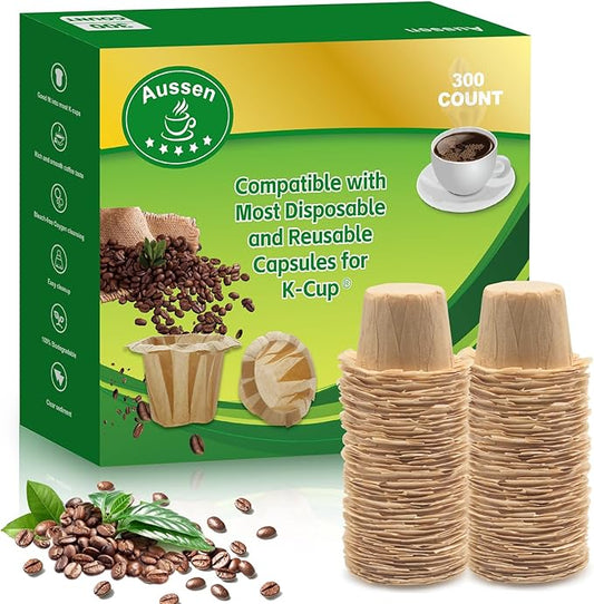 Aussen Disposable Coffee Paper Filters Replacement Kerig Filter Fit All Keurig Single Serve Filter Brands Compatible with Reusable Single Serve Pods Keurig Coffee Maker (Natural, 300pcs)