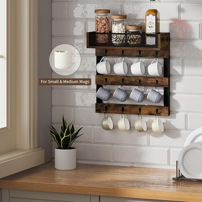 YINMIT Coffee Mug Holder with 12 Hooks, Coffee Cup Holder Wall Mounted with Top Shelf, Mug Organizer for Home Kitchen, Brown