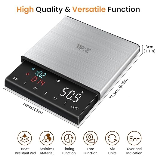 Coffee Scale with Timer, 0.1g High Precision Espresso Scale, Pour Over Coffee Weight Scale Rechargeable Coffee Scale for Espresso with Color LED Display, Touch Sensor, Silicone Cover