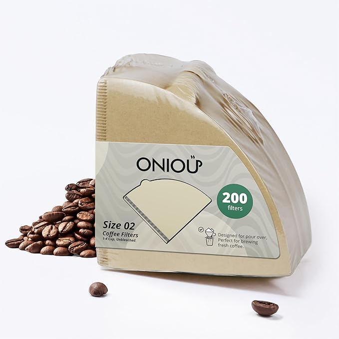 V60 Coffee Filters 02, ONIOU Unbleached Size 02 Cone Coffee Filters, 200 Count Natural Brown Pour Over Paper Filters for Hario V60 & Others 1–4 Cup Coffee Dripper - Package May Vary