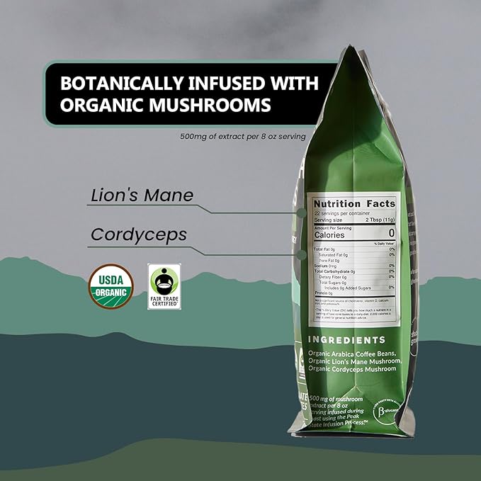 Peak State Coffee with Benefits - Organic Decaf Coffee Beans - CALM DESCENT Swiss Water Process Decaf with Lion's Mane & Cordyceps - Mushroom Coffee Decaf - Organic- Mold Free, Pesticide Free, Non-GMO, Low Acid (12 oz, Whole Bean - $1.13/cup)