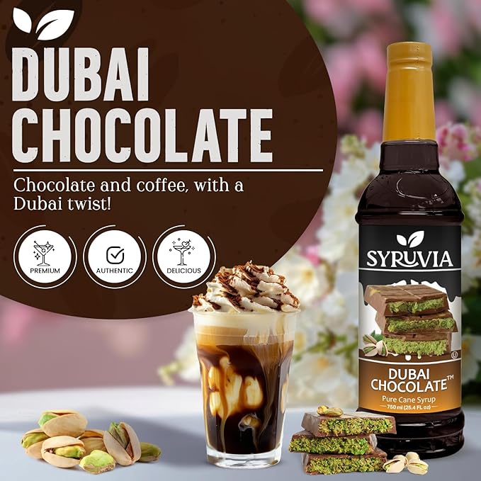 Syruvia Dubai Chocolate Coffee Syrup - 25.4 fl oz - Kosher Syrups, Gluten Free, No Coloring, Perfect for Drinks, Soda, Shakes, Desserts, and More With Pump