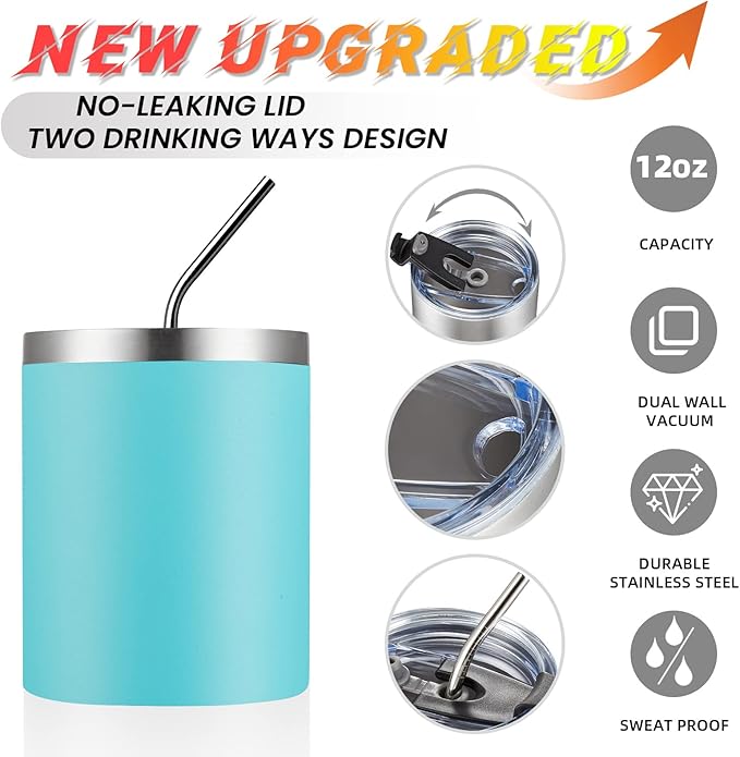 MEWAY 12 oz Lowball, Tumbler Stainless Steel Double Wall Vacuum Insulated Mug with Straw and Lid, Cleaning Brush ，Durable Powder Coated Insulated Coffee Cup for Cold & Hot Drinks (Light Blue,1 Pack)