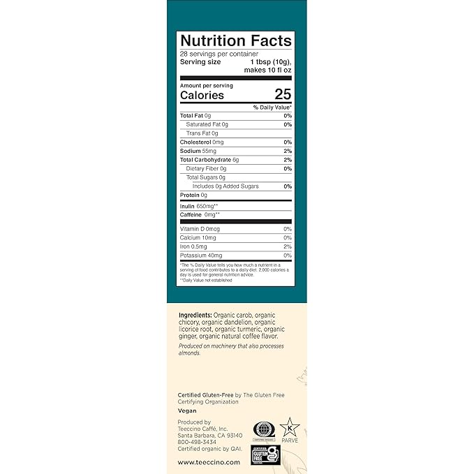 Teeccino Dandelion Turmeric Herbal Coffee - Caffeine-Free Coffee Alternative with Prebiotics, Gluten Free, Acid Free, Organic - Medium Roast, 10 oz