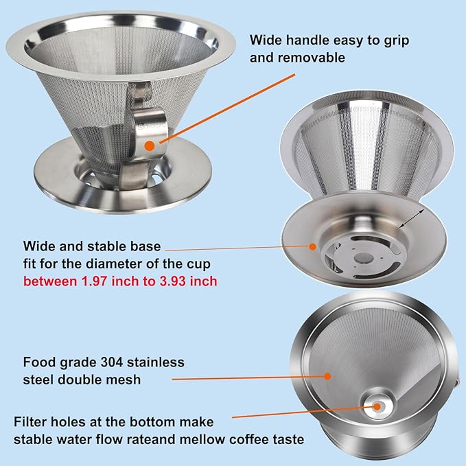 Pour Over Coffee Dripper,Double Mesh Stainless Steel Filter,Paperless Strainer Reusable Cone Coffee Filter With Handle, Maker 1-4 Cups