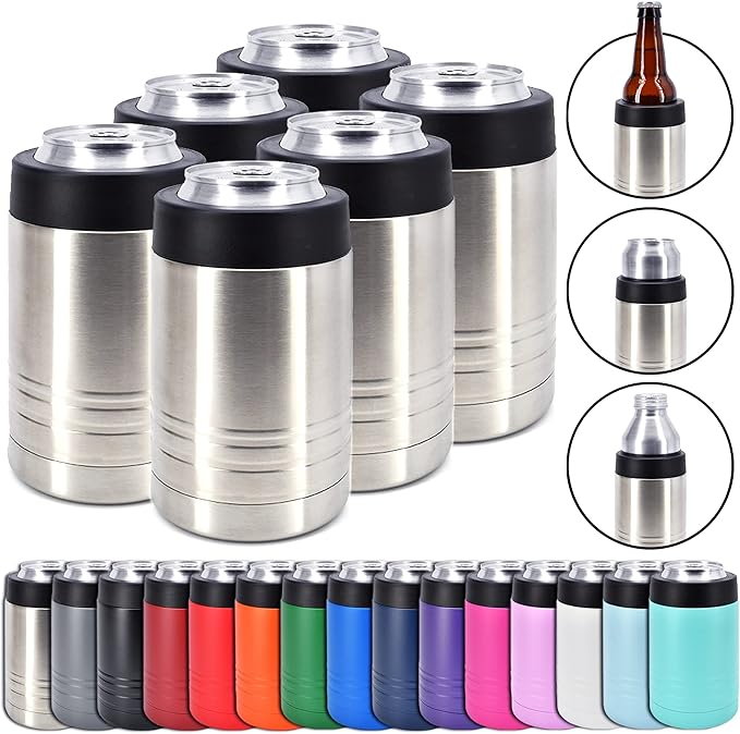 Clear Water Home Goods - 12 oz Stainless Steel Double Wall Vacuum Insulated Can or Bottle Beverage Cooler - Stainless Steel - 6 Pack