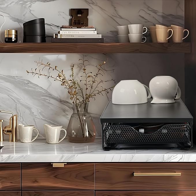 Coffee Pod Holder is Pull-Out and has an Adjustable Lever, K Cup Holder, Coffee Pod Organizer, Making It Easy to Store, Made of Black Metal