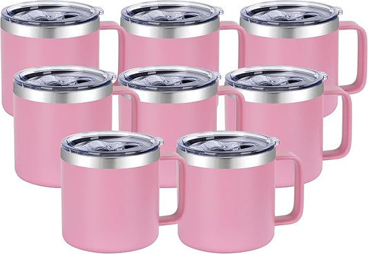 VEGOND 14 oz Insulated Coffee Mug Bulk with Handle, Stainless Steel Travel Coffee Mug with Lid, Double Wall Vacuum Metal Coffee Cup, Coffee Tumbler Powder Coated, Pink 8 Pack
