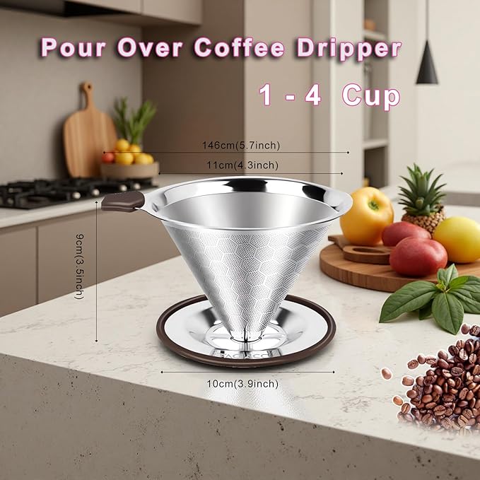 Pour Over Coffee Dripper,Stainless Steel Coffee Filter, Pour Over Maker Double Micro Mesh, Reusable Coffee Strainer (Silver)