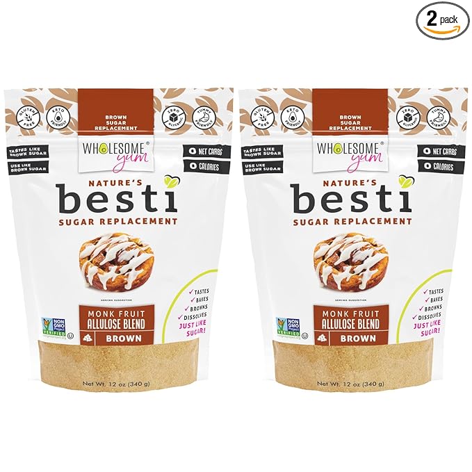 Wholesome Yum Besti Natural Brown Sugar Substitute - Keto Brown Monk Fruit Sweetener Blend With Allulose (No Erythritol) - Non GMO, Zero Carb, Zero Calorie, Sugar Free, No Aftertaste (12 oz, 2 Pack)