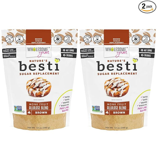 Wholesome Yum Besti Natural Brown Sugar Substitute - Keto Brown Monk Fruit Sweetener Blend With Allulose (No Erythritol) - Non GMO, Zero Carb, Zero Calorie, Sugar Free, No Aftertaste (12 oz, 2 Pack)