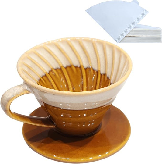 Handmade Ceramic Pour Over Coffee Dripper with 50 Pcs V60 Coffee Filters - Portable Drip Coffee Brewer for Travel, Camping, Office or Home - Artisanal Pottery Gift for Enthusiasts